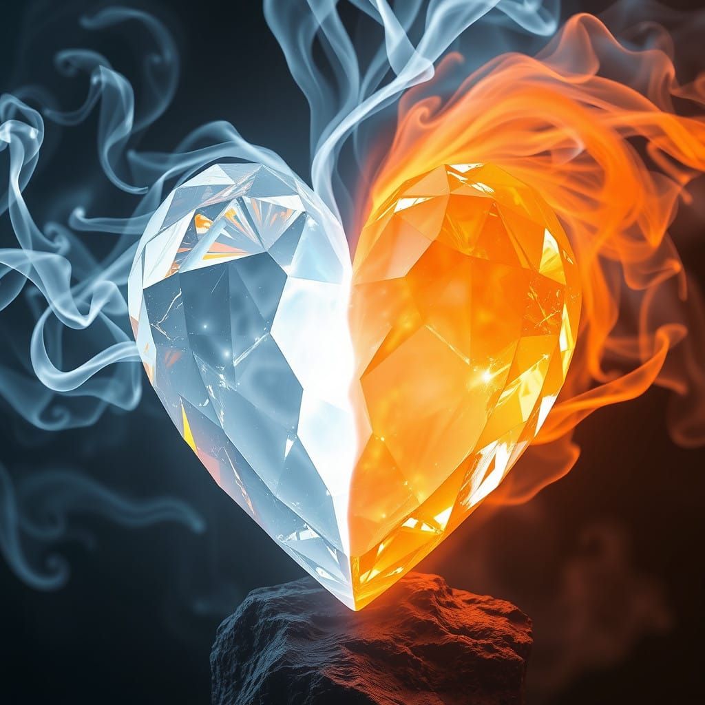 Ethereal Crystal Heart with Radiant Orange and White Hues