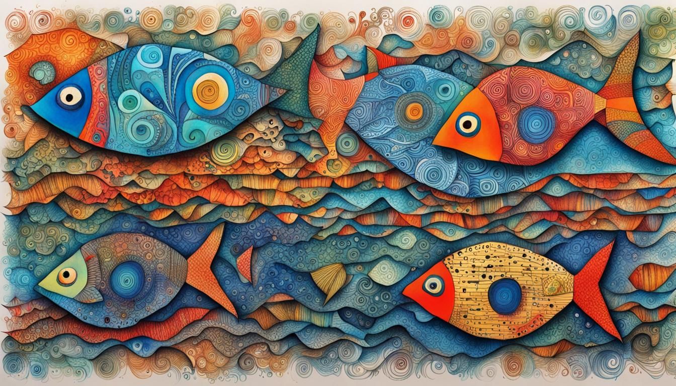 Vibrant Asemic Zentangle Fish Typography Art