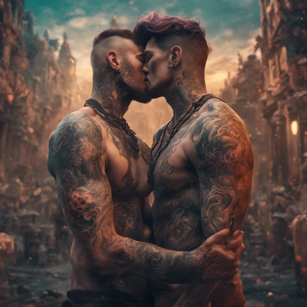 Two Tattooed Men Kissing: Fantasy Concept Art