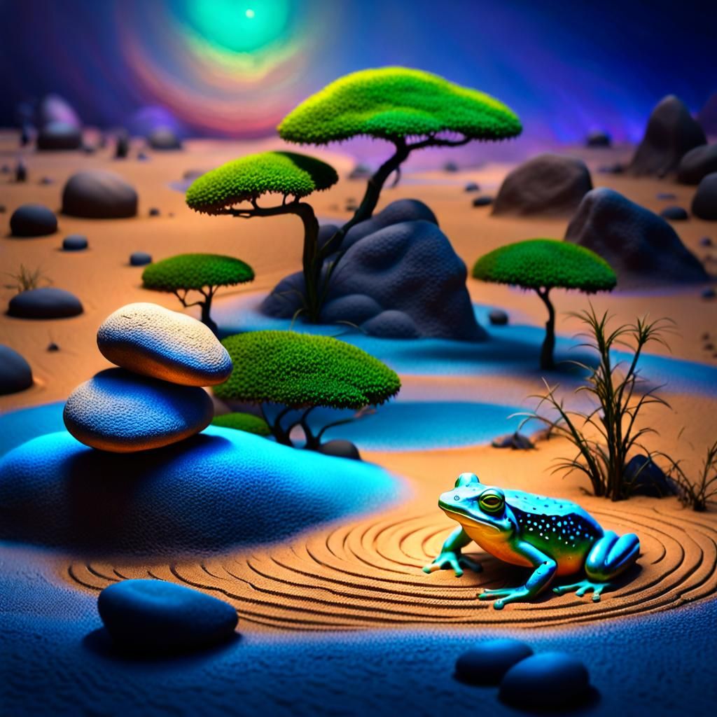 Zen Garden Twilight: Frog Rock in Magic Realism