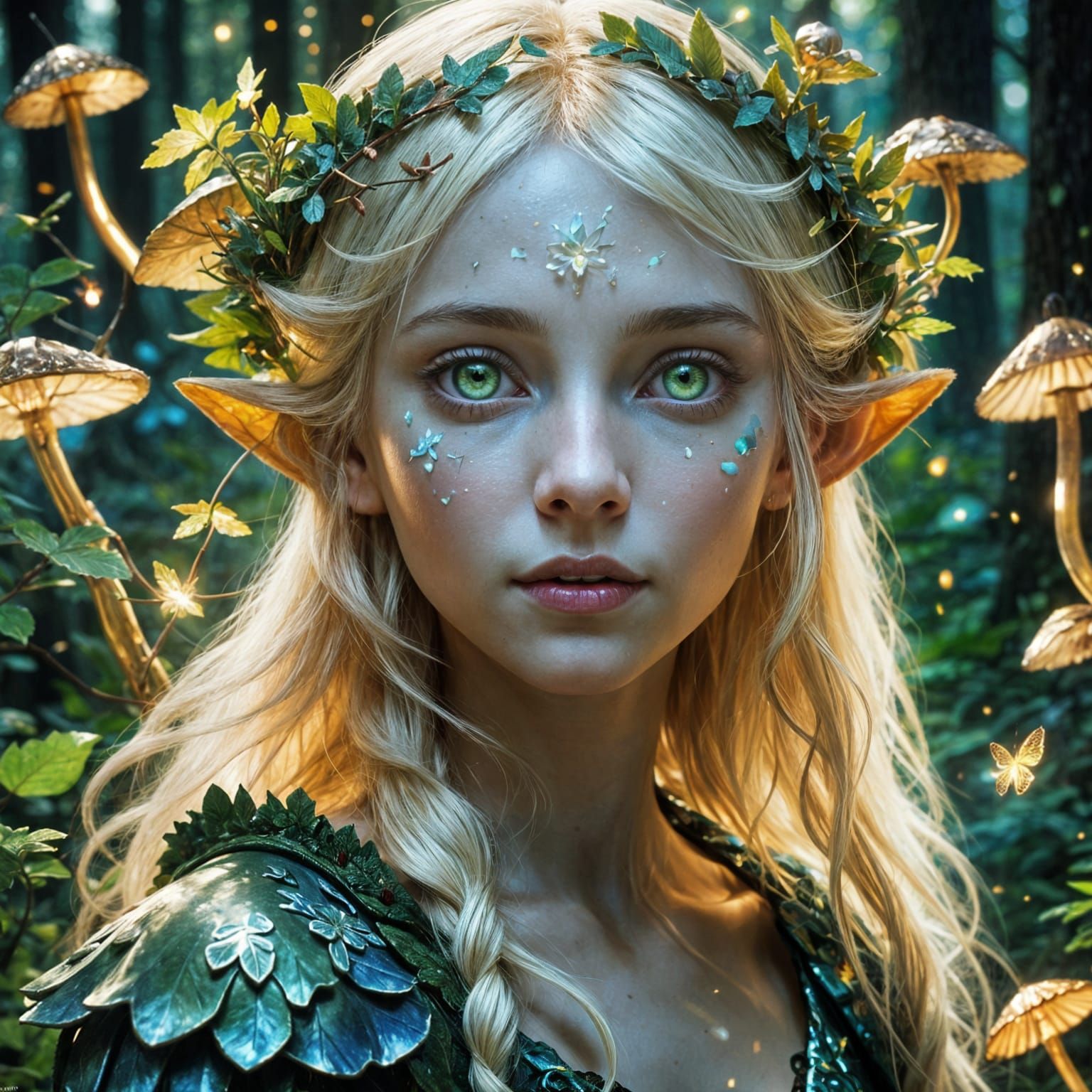Pale Elf in Dark Fantasy Forest, Hyperdetailed Portrait
