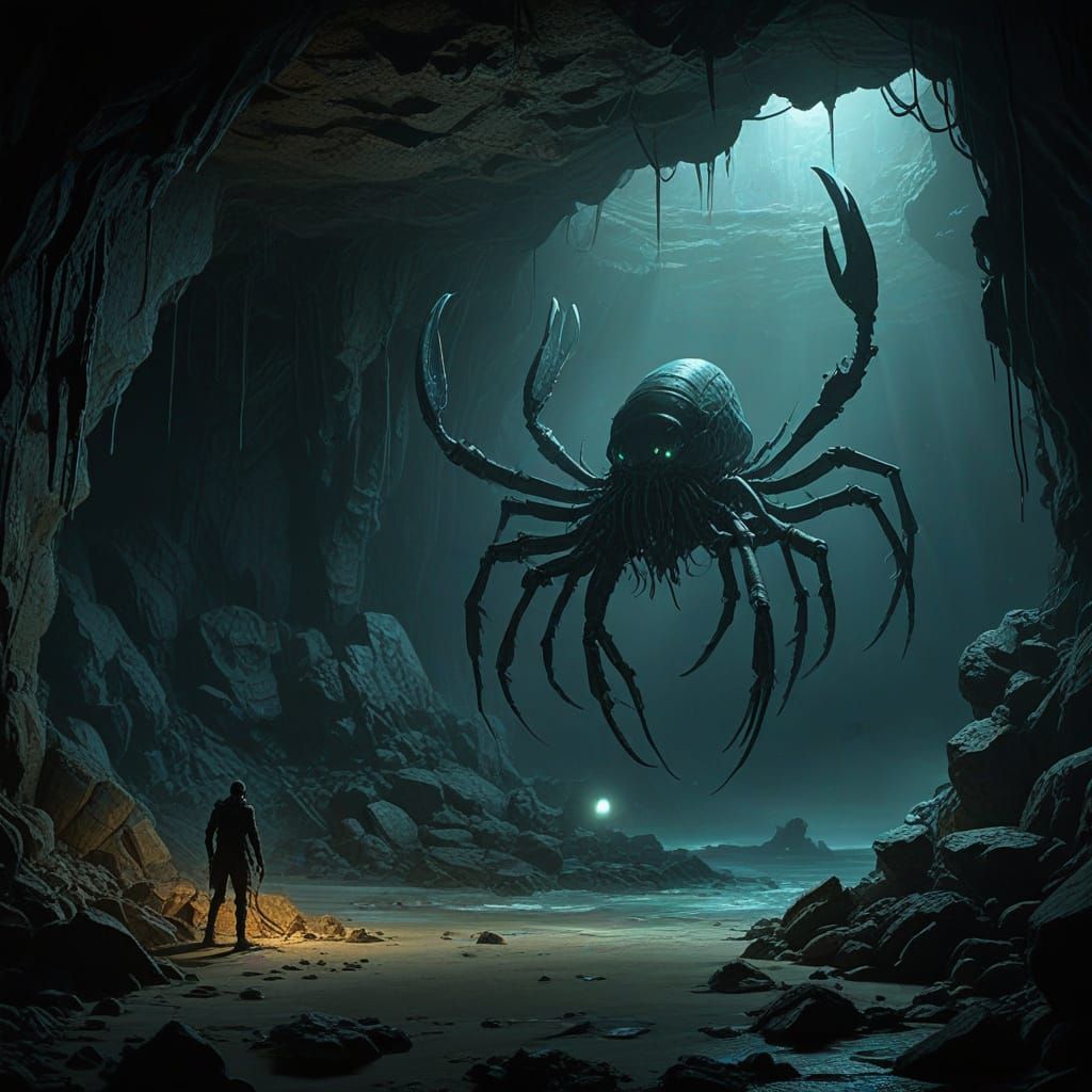 Alien Lobsters in Bioluminescent Cave, Dark Fantasy Art