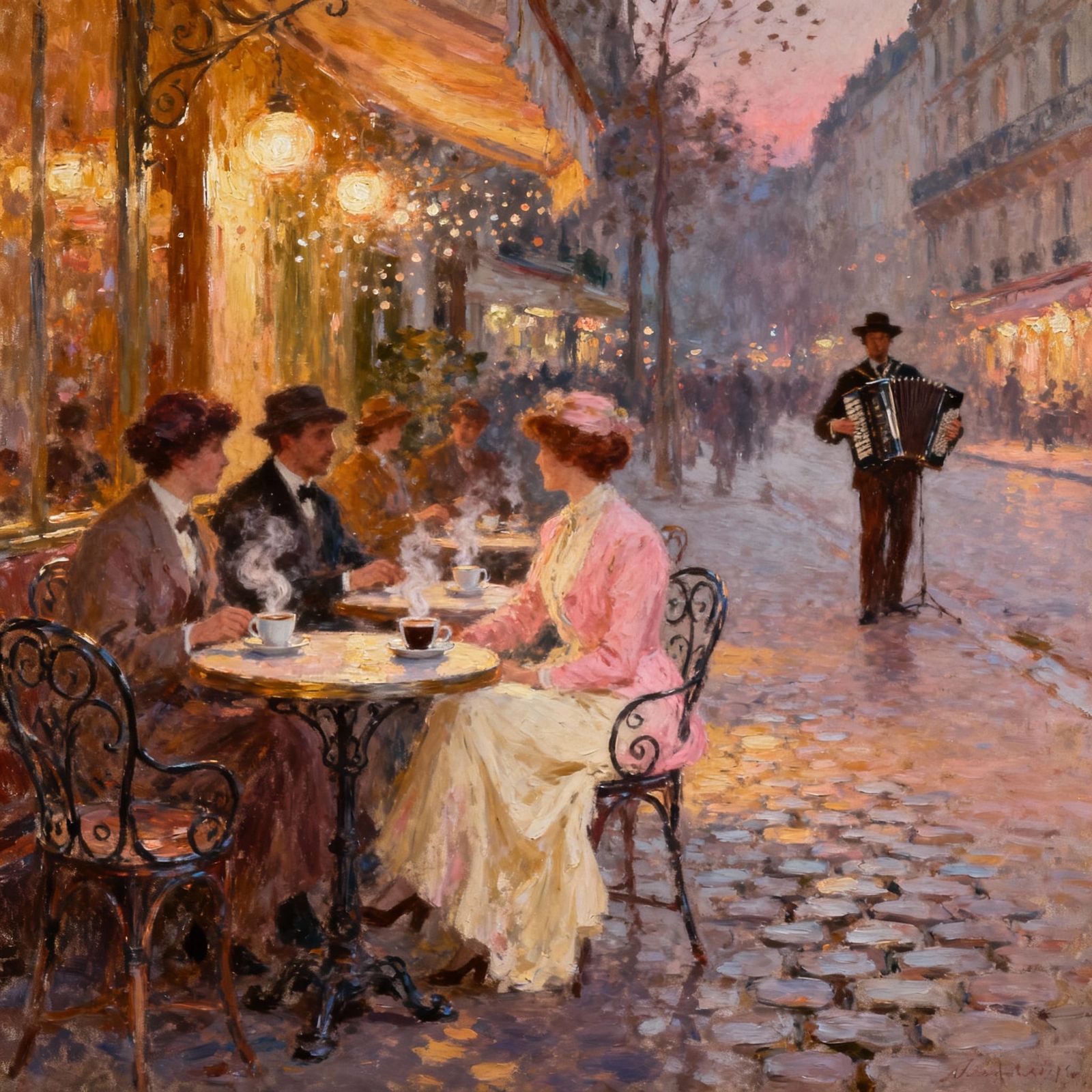Parisian Twilight Cafe Scene in Impressionist Style
