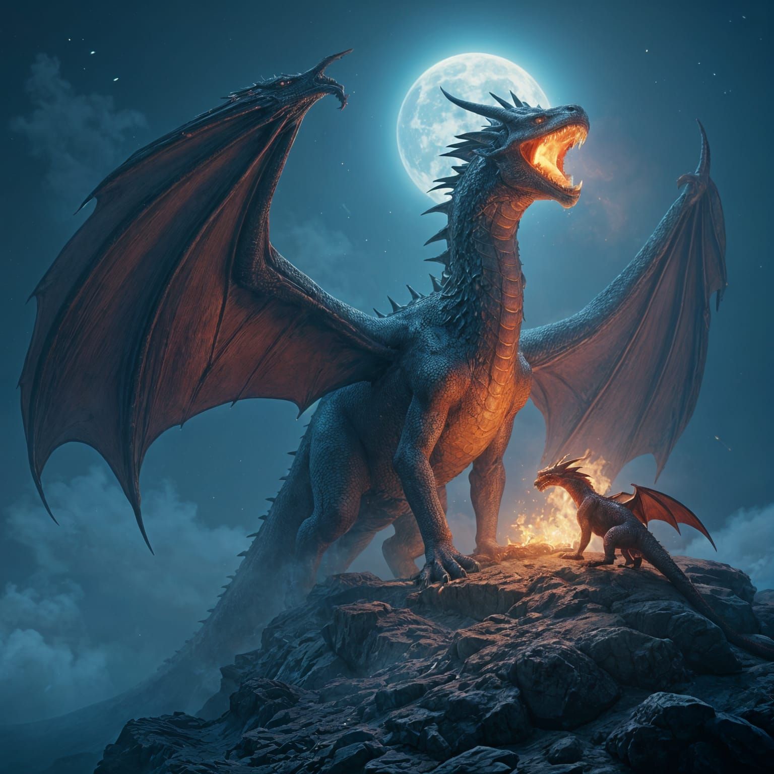 Dragon Roaring Fire into the Night Sky