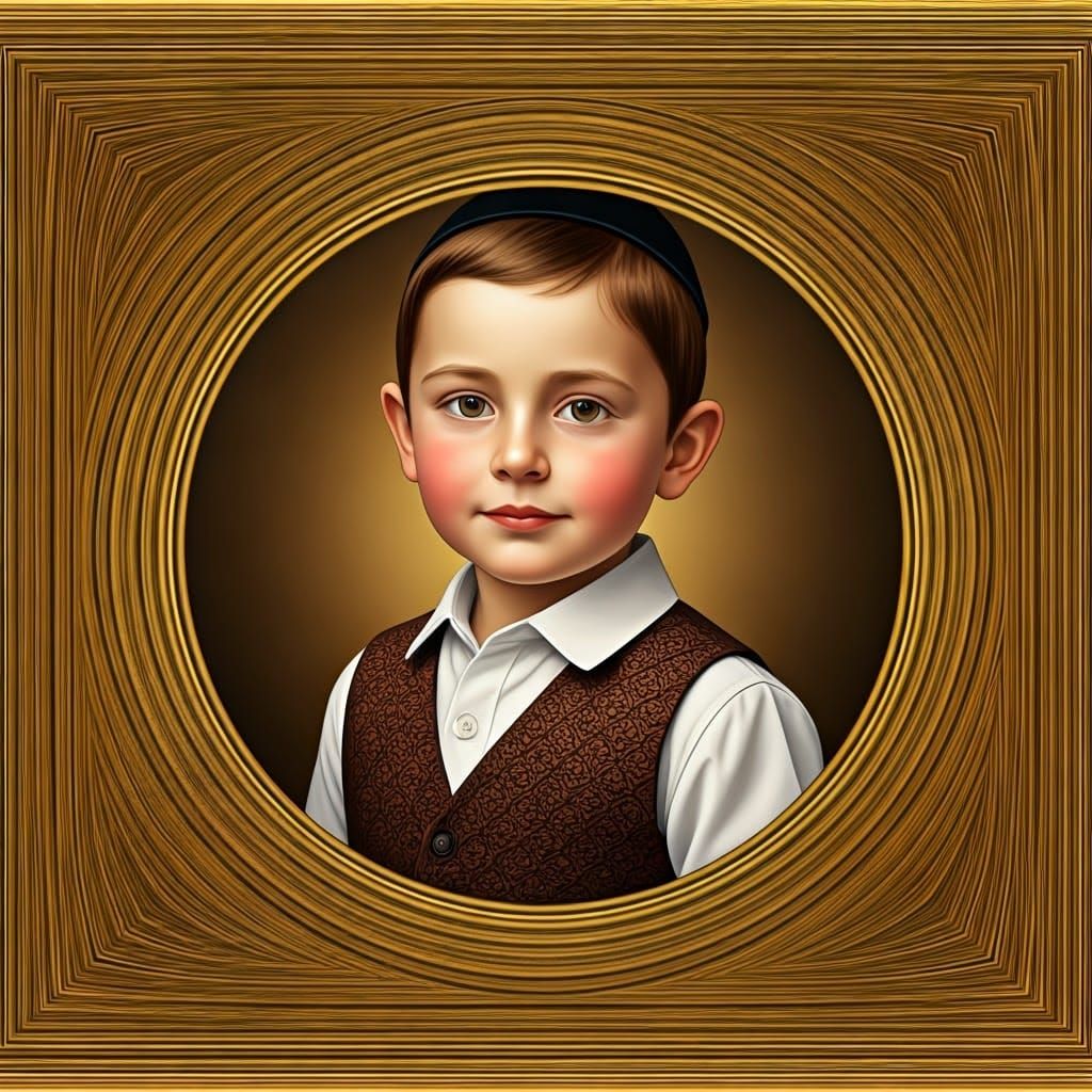 A Delicate Portrait of a Haredi Hasidic Boy in Golden Frame