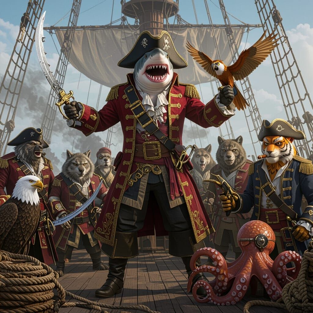 Anthropomorphic Animal Pirates on Warship, Hyper-Detailed Sc...