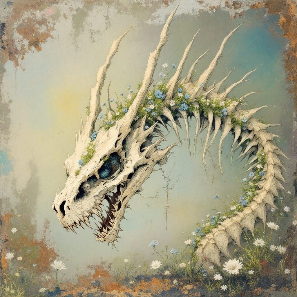 Fossilized Dragon Skeleton in Dreamlike Landscape