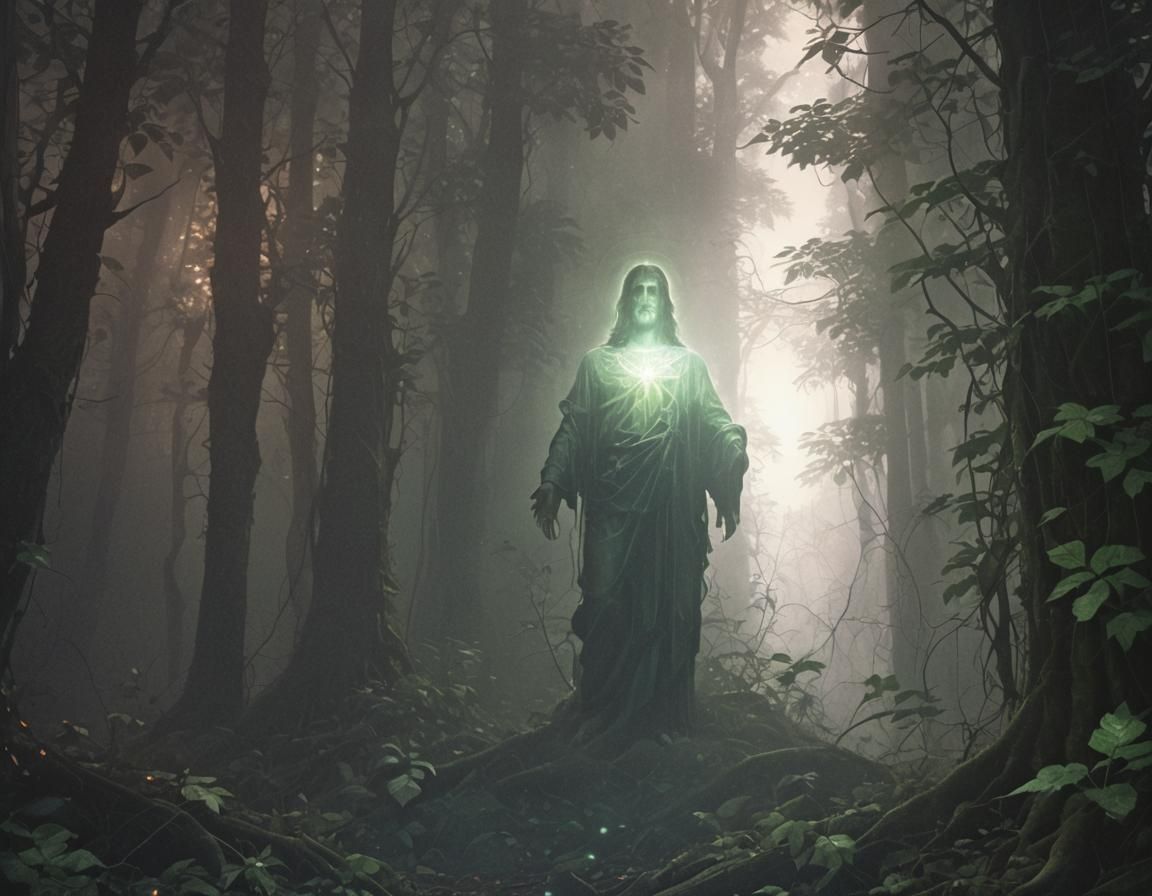 Luminous Green Figure in Dark Forest: Surreal Art