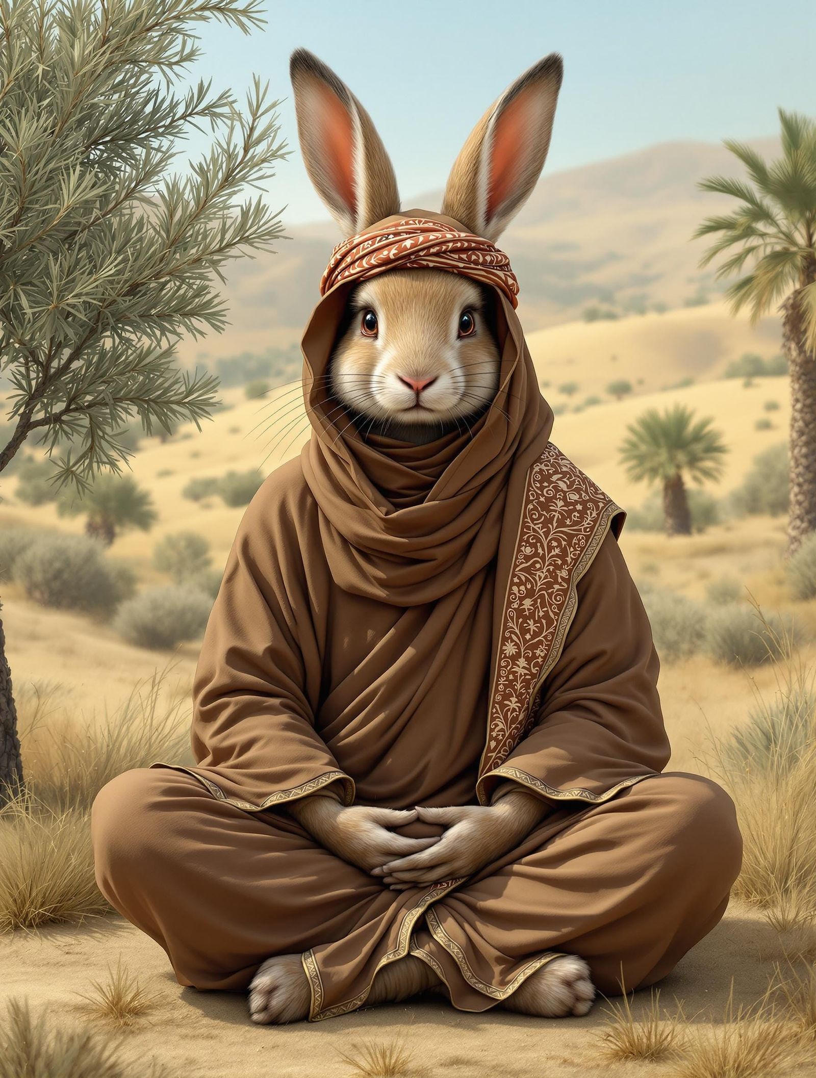 Serene Palestinian Landscape with Wise Rabbit Monk