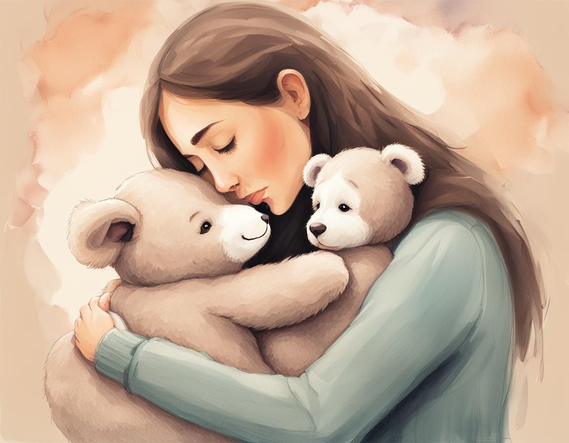 Tender Mother and Child Embrace with Stuffed Animal