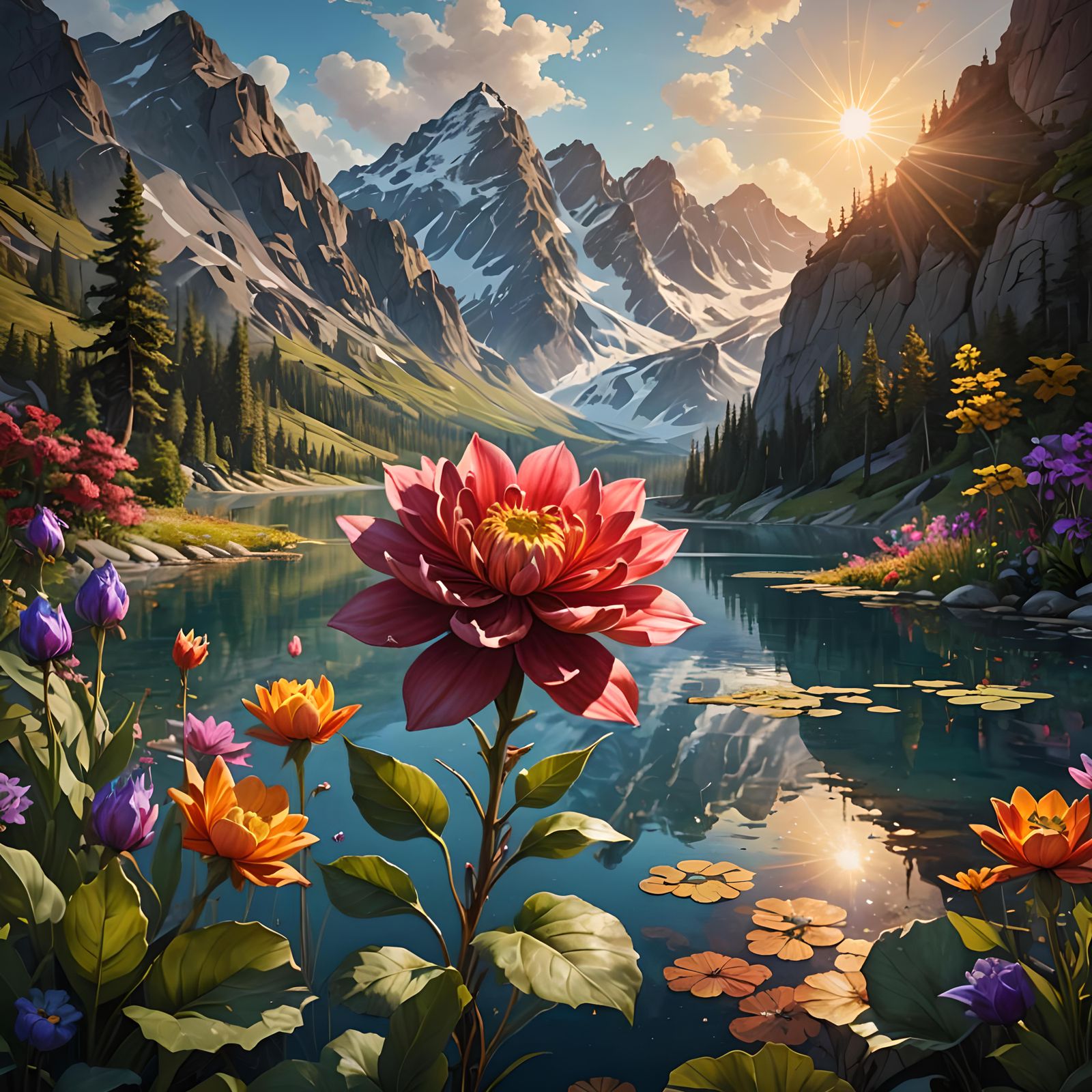 Flowers, lake, mountains