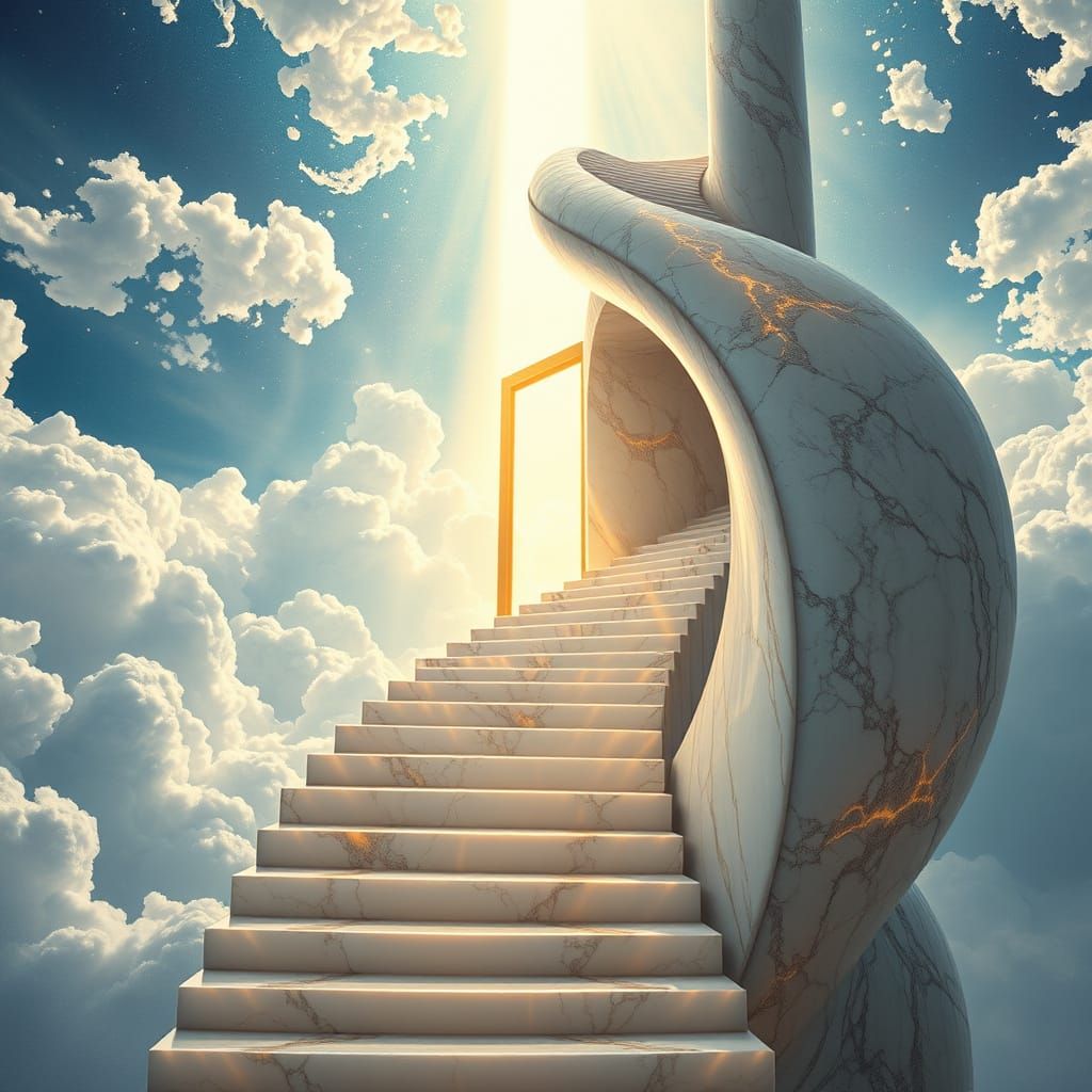 Majestic Staircase Ascends to Golden Portal in Celestial Exp...