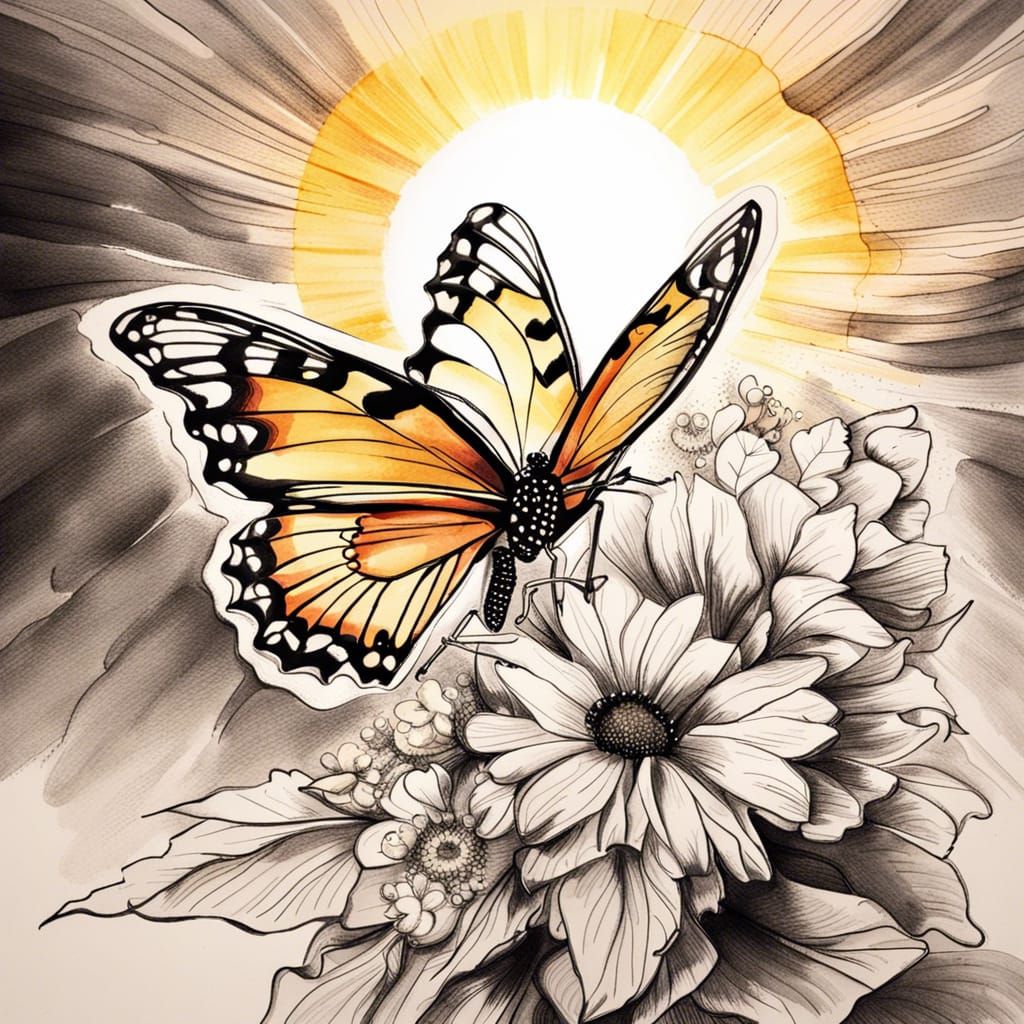 Ink Drawing of Butterfly on Flower in Sunlight