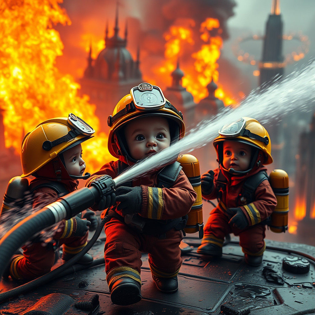 Babies as Firefighters in Burning Cityscape