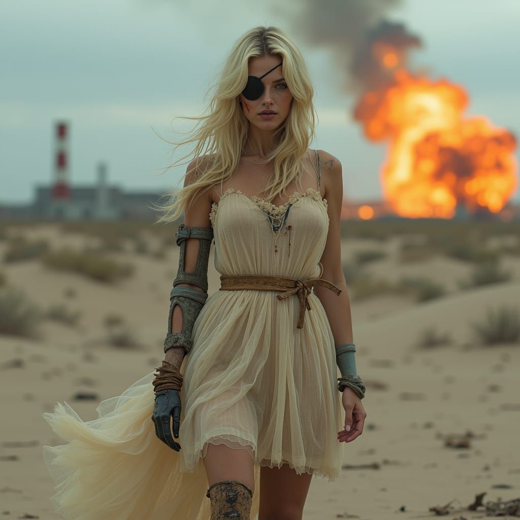 Post-Apocalyptic Woman in Wasteland with Explosion