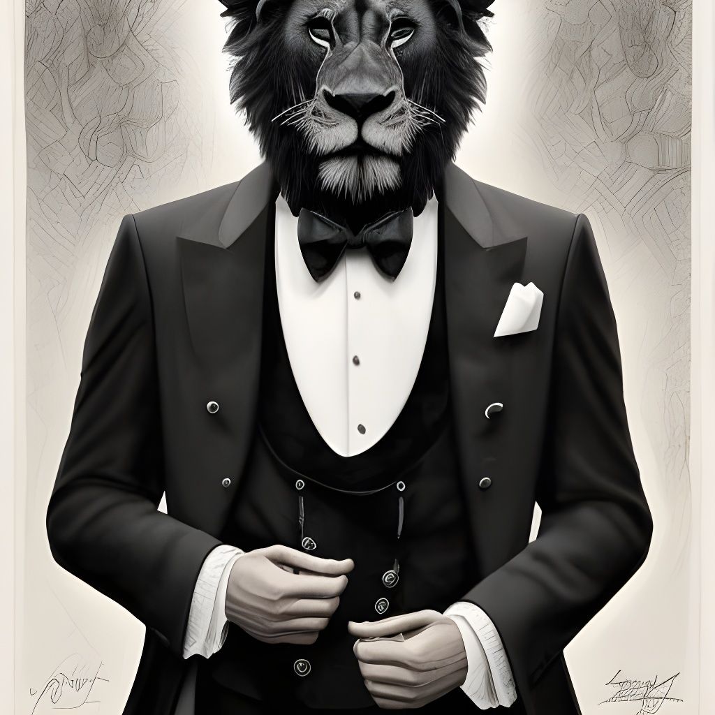 Royal Black Lion in Tuxedo, Hyperrealistic Digital Art