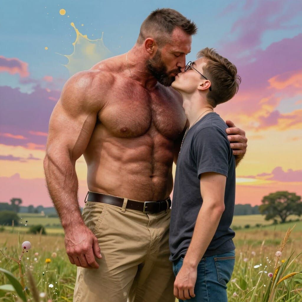 Muscular Man in Khaki Pants with Partner in Countryside