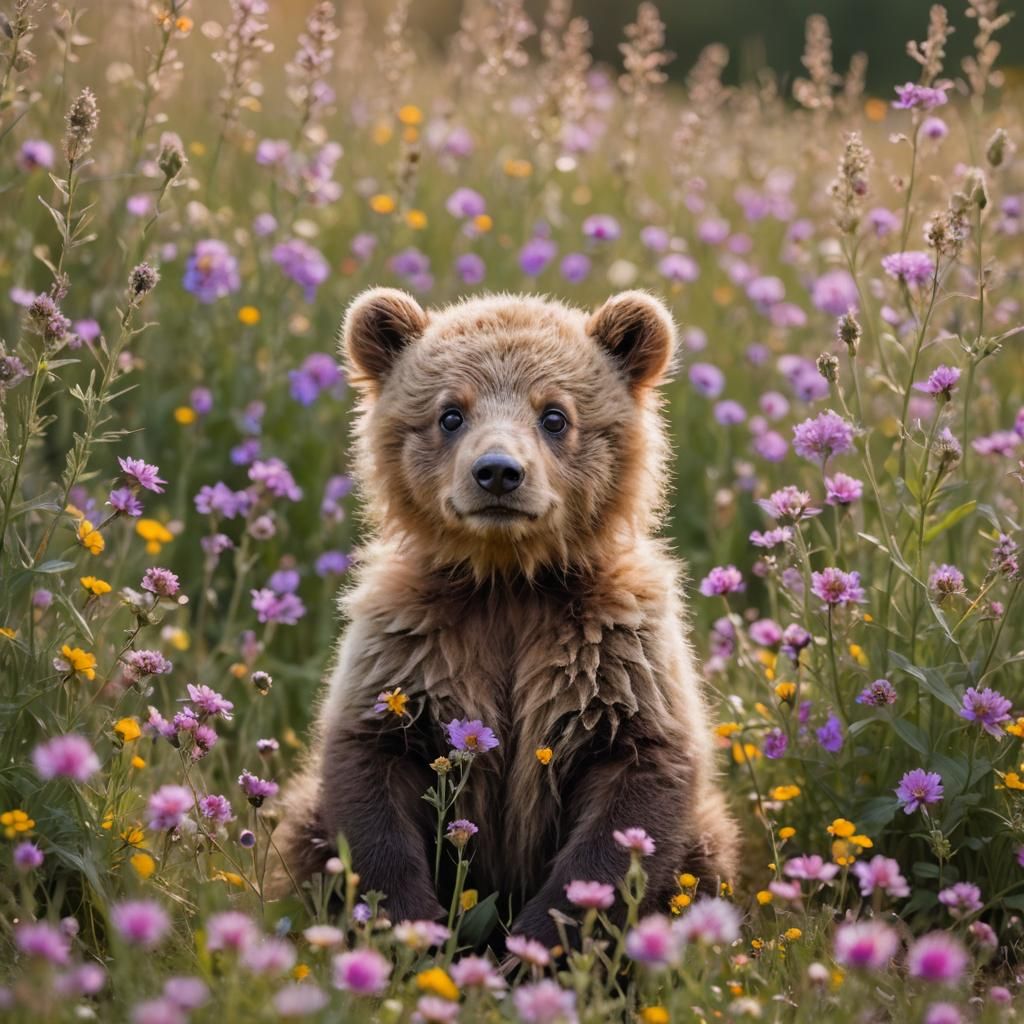 Macro Photo of Cute Baby Bear in Wildflowers