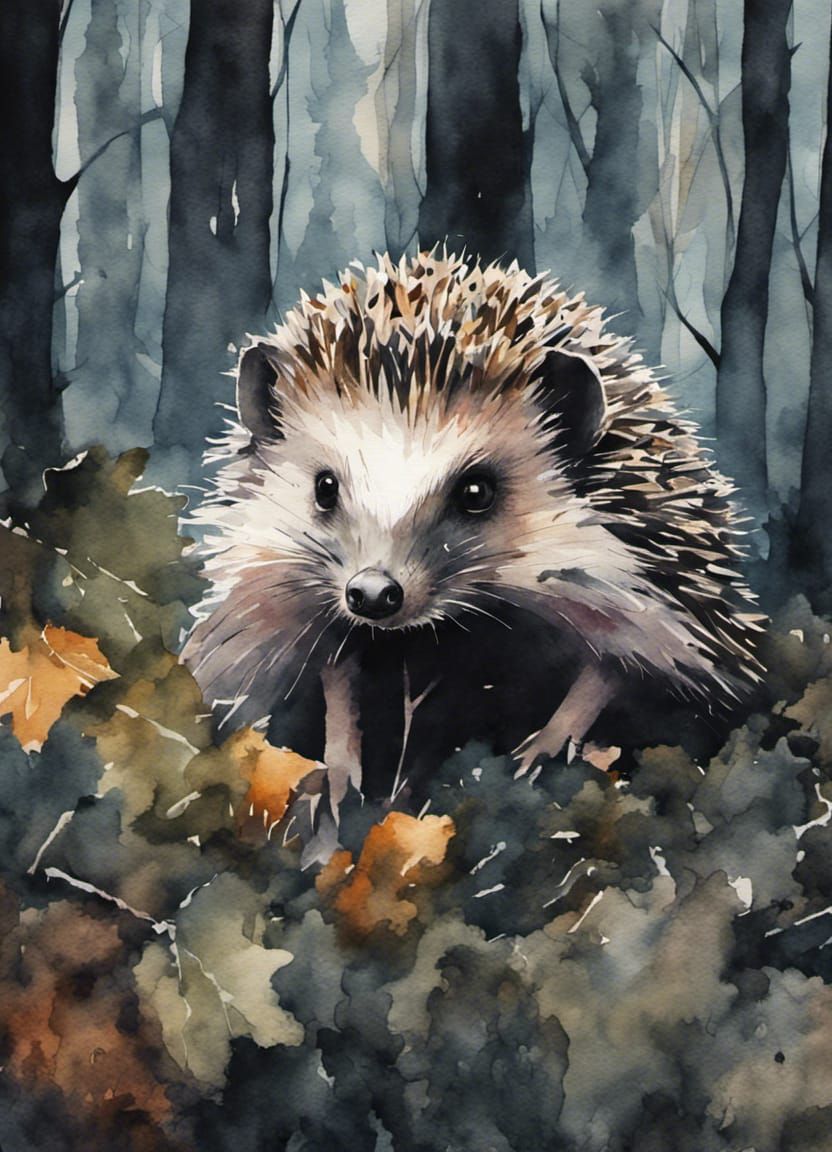 Scared Hedgehog Hiding in Dark Forest Watercolor