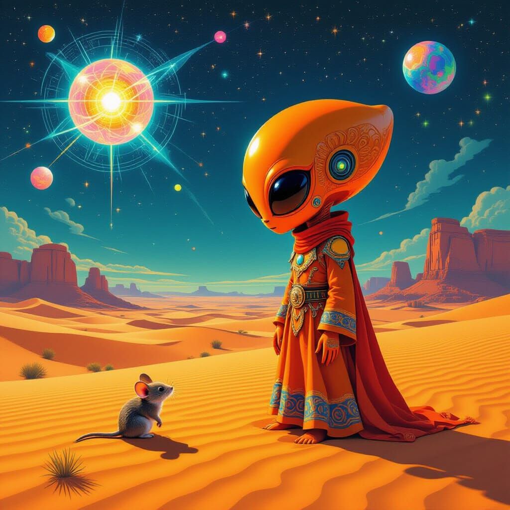 Orange Alien Girl Meets Mouse in Desert Cosmic Illustration