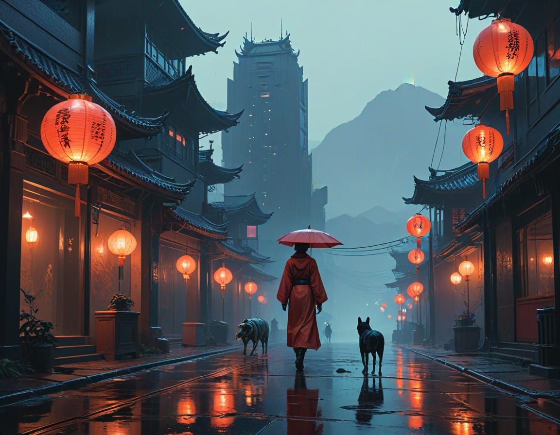 Misty Oriental Cityscape at Night, Futuristic Architecture a...