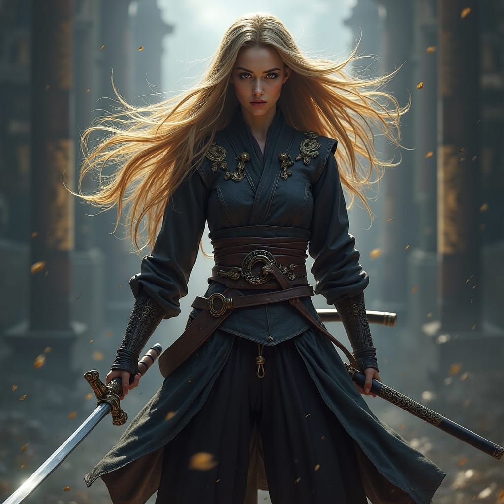 Epic Samurai Girl in Golden Hair, Cinematic Digital Painting