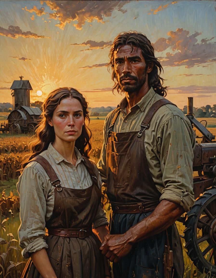 Farmhand and Woman in Field: Gurney-Style Oil Painting
