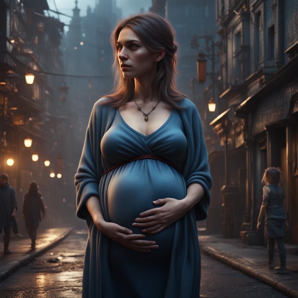 Pregnant Girl on Street: Detailed Matte Painting