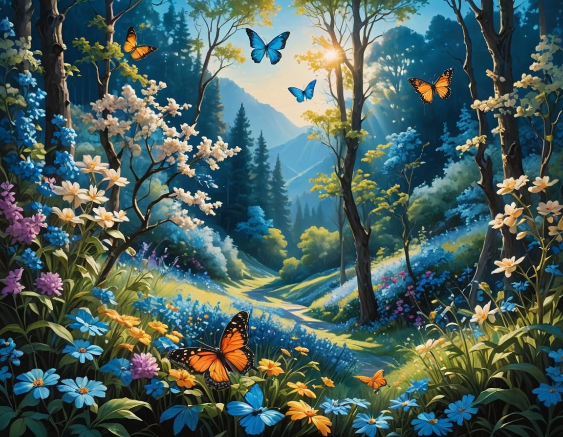 Fluorescent Blue Landscape with Flowers and Butterflies