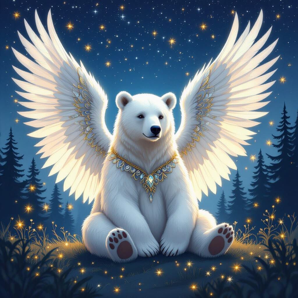 Angelic White Bear with Gilded Wings Under Starry Night