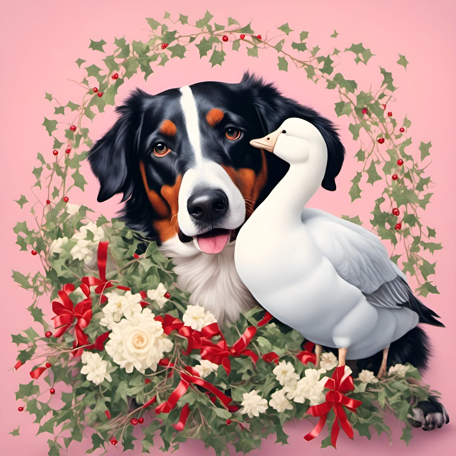 Dog and Goose Cuddle Under Mistletoe: Pastel Art