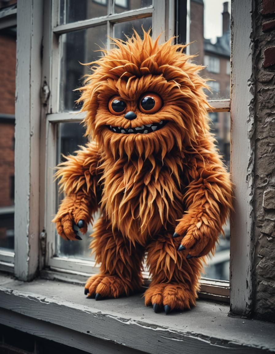 Furry fluffy fuzzy orange monster, soft toy, cute little mon...