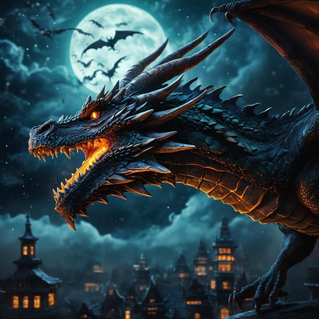 Dragon in Halloween Night Sky: Hyperrealistic Art