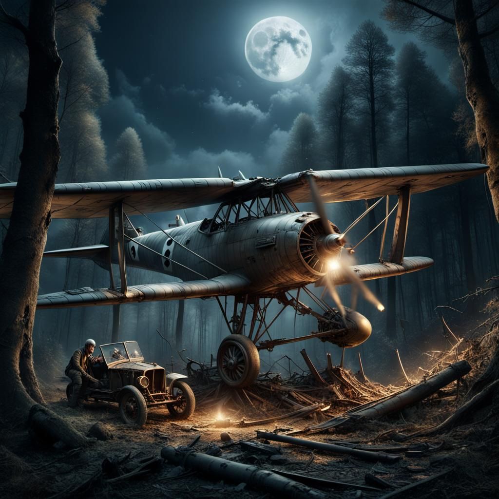 World War II Plane Wreck in Moonlit Forest