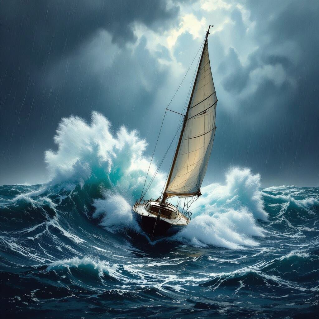 Sailboat Battles Colossal Teal Wave in Stormy Seas