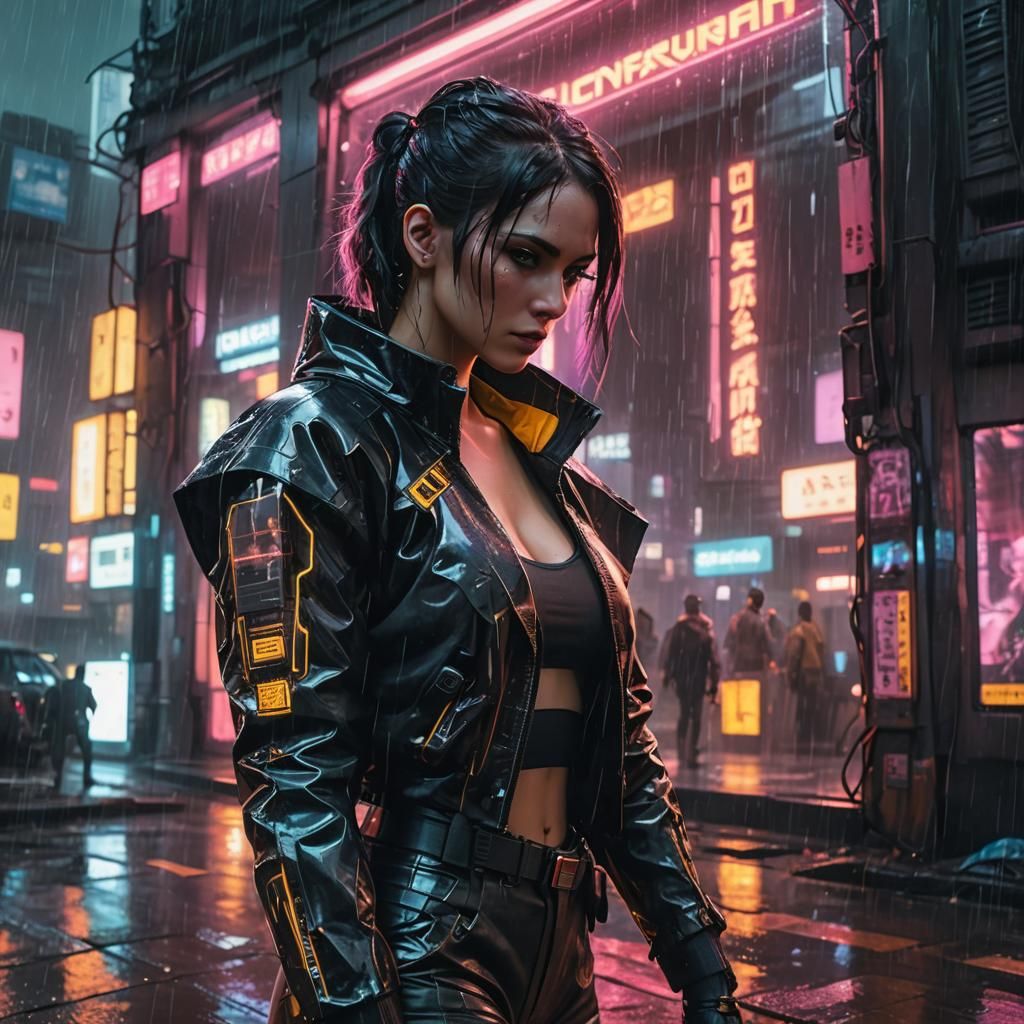 Cyberpunk Woman Gazing at Rainy Cityscape