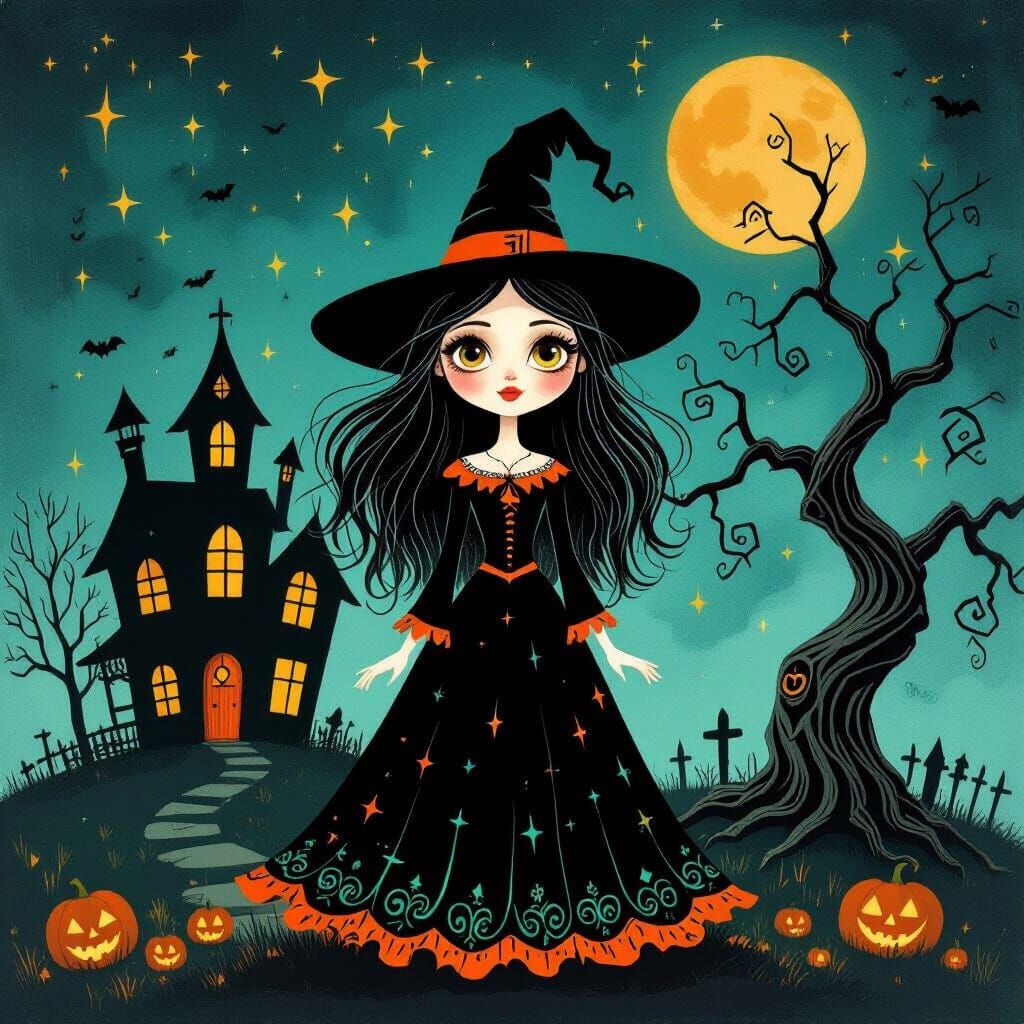 Halloween Witch With Large Eyes in Retro Style