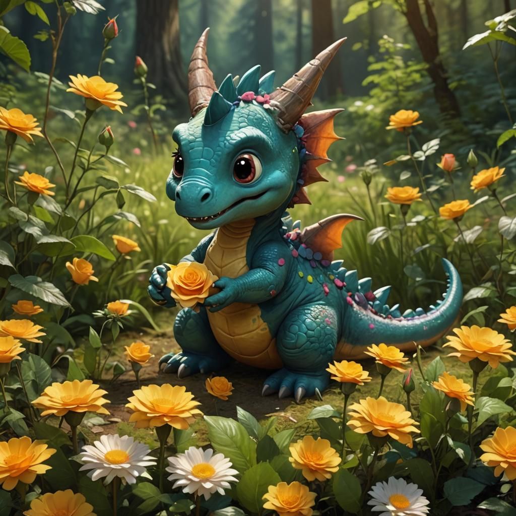 Dinosaur's Affection: Roses for Mother in Sunny Forest