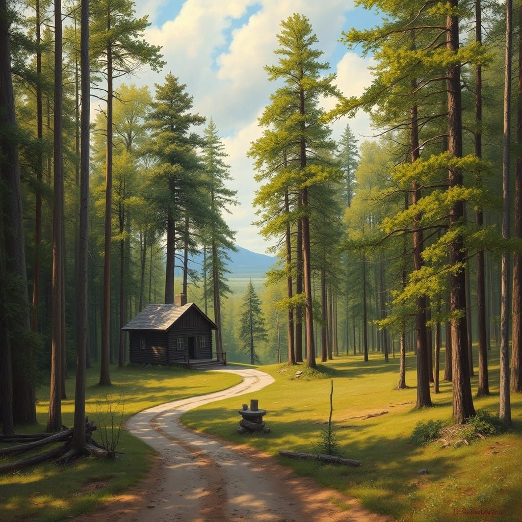 Solitary Wooden Cabin Amidst a Dense Forest