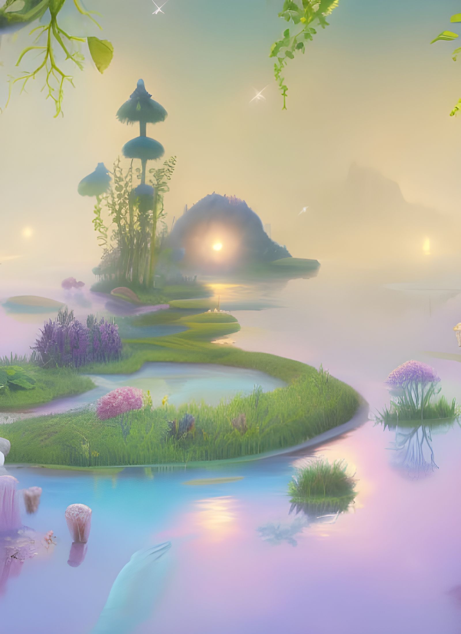 Magical Swamp Bridge with Fireflies: Digital Illustration