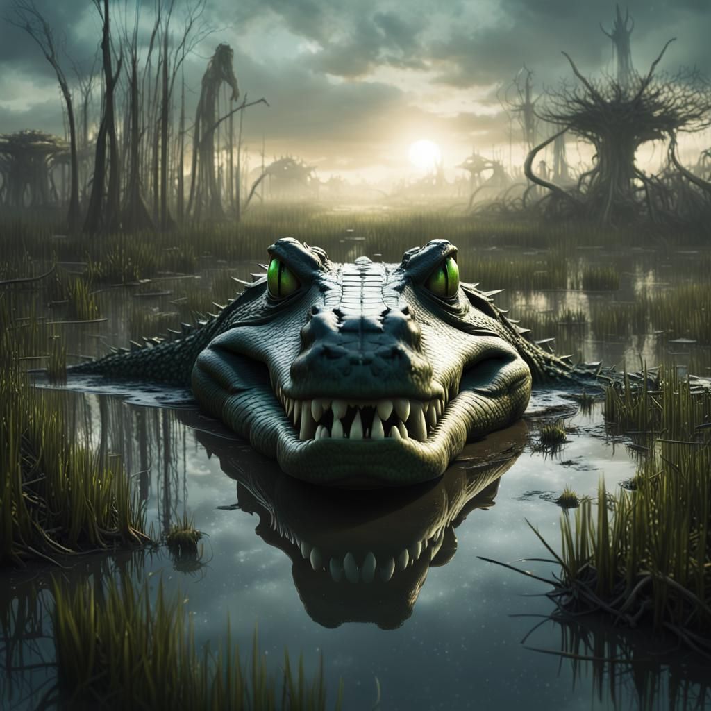 Bioluminescent Crocodile in Dystopian Louisiana Marsh