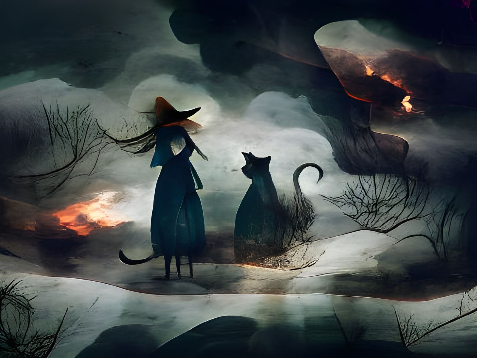 Witch and Cat in Ominous Fairytale Land