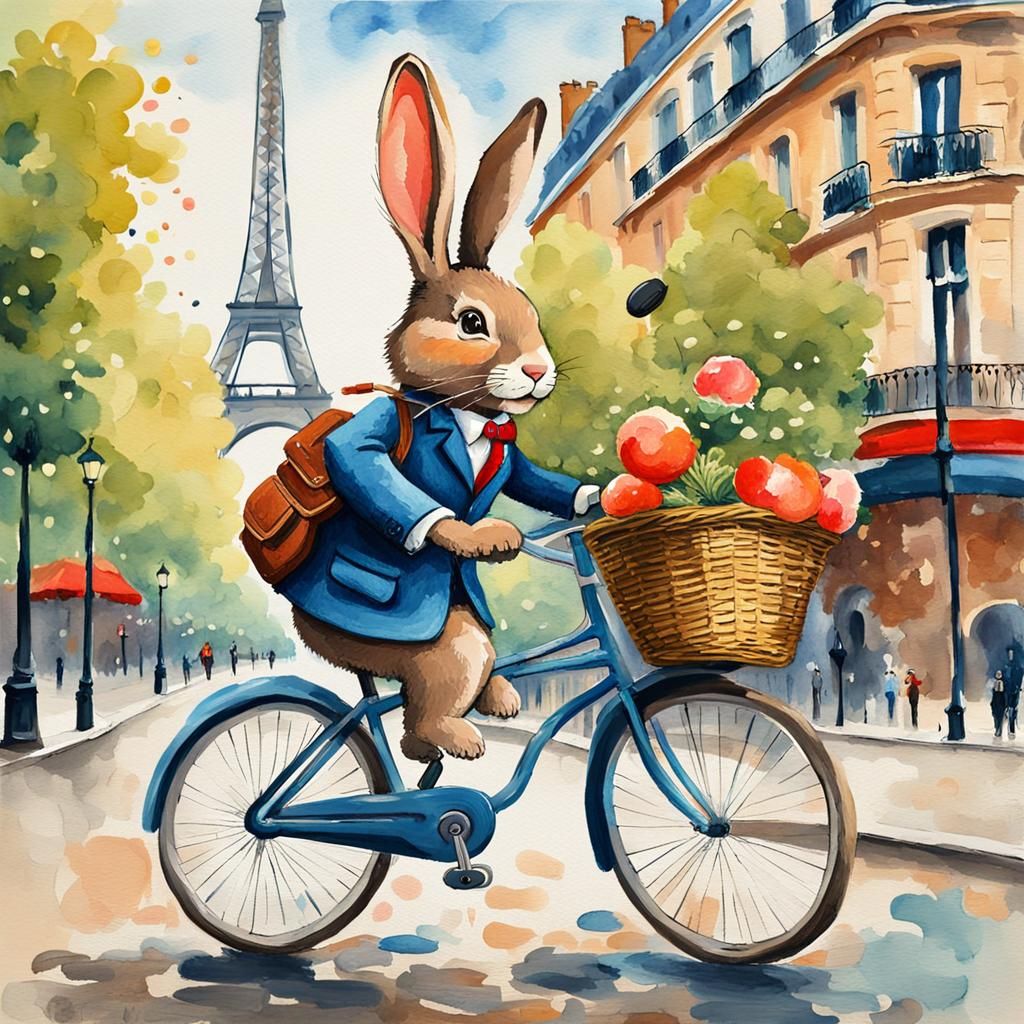 Cartoon Rabbit Rides Bicycle in Paris: Gouache Style