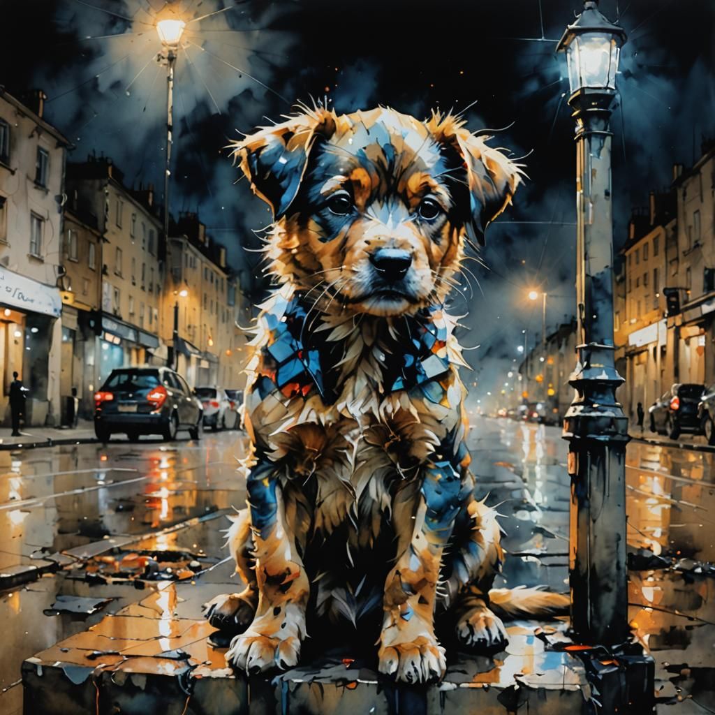 Puppy Under Street Light: Surreal Alcohol Ink Art