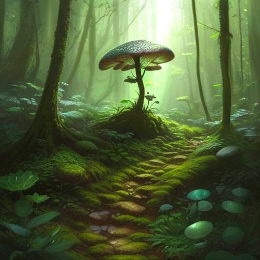 Whimsical Frog Climbs Giant Mushroom in Forest Clearing