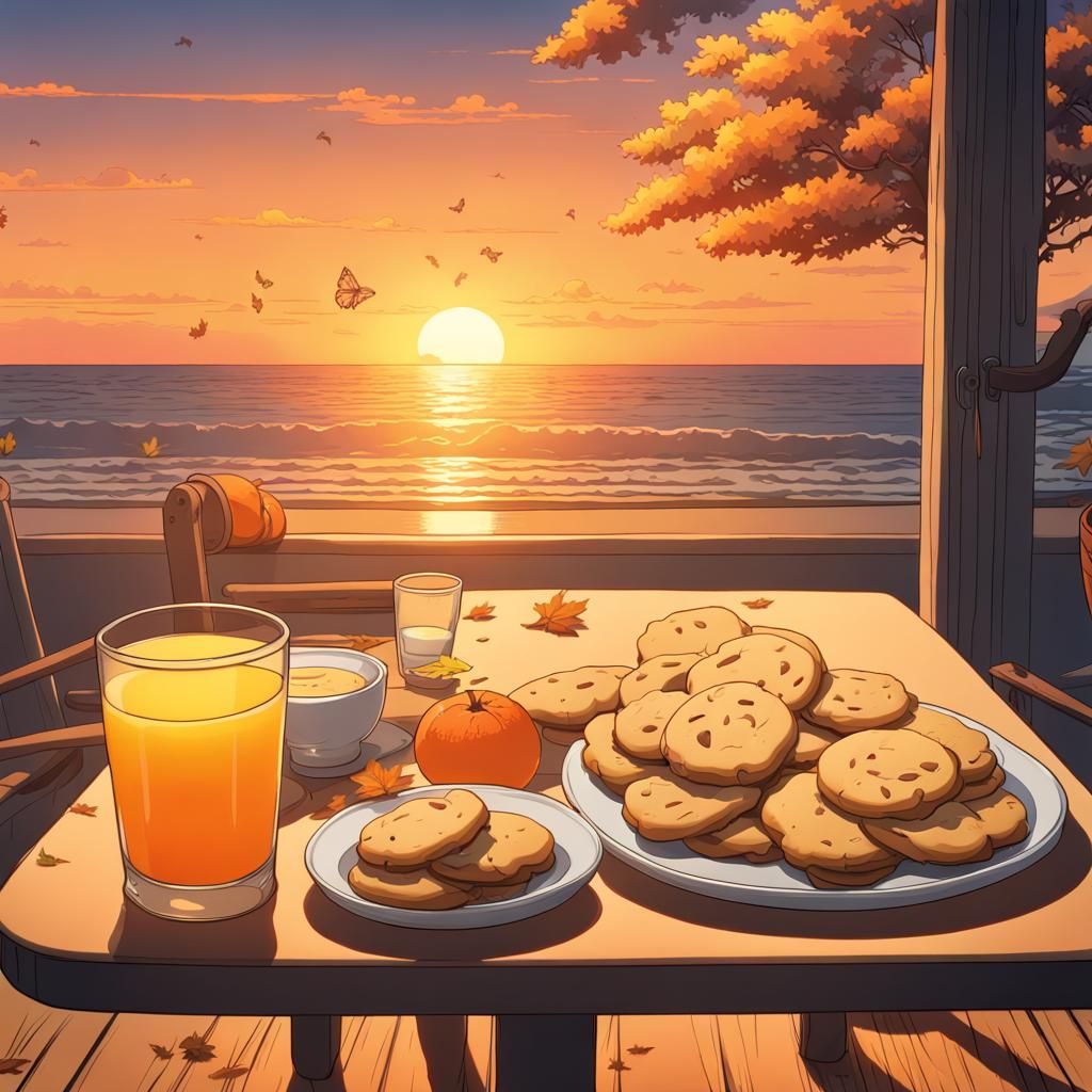 Ghibli Sunset Beach Scene with Cookies
