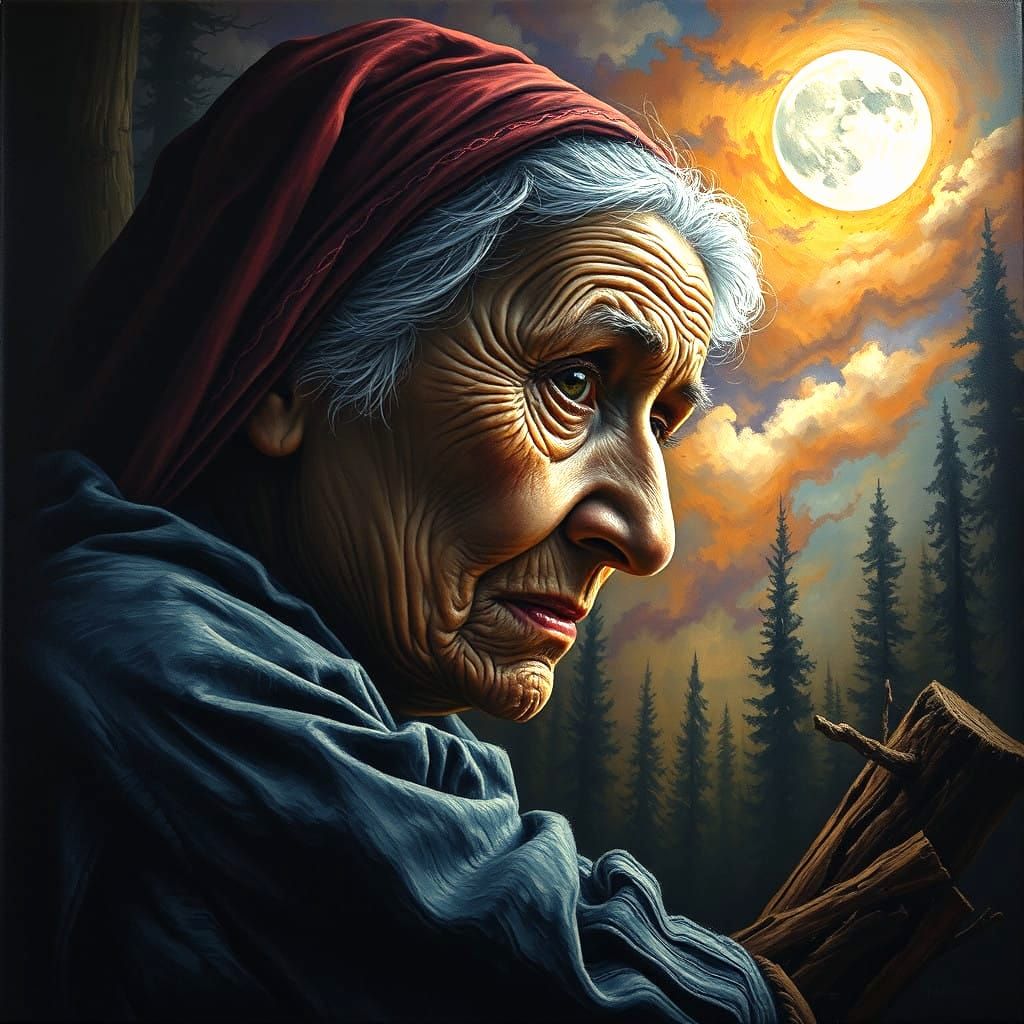 Surreal Oil Painting of a Wise Grandmother in the Forest