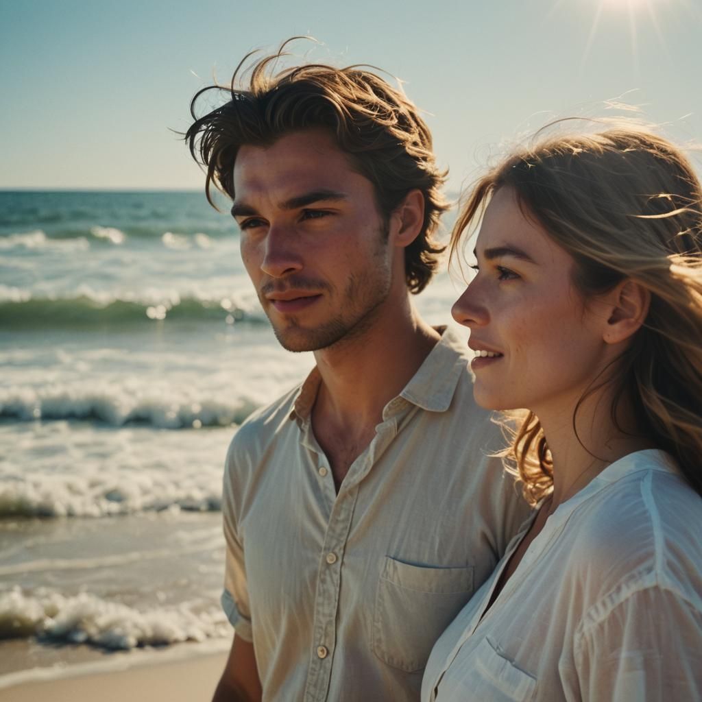 Young Couple Conversing on Beach in Cinematic Style