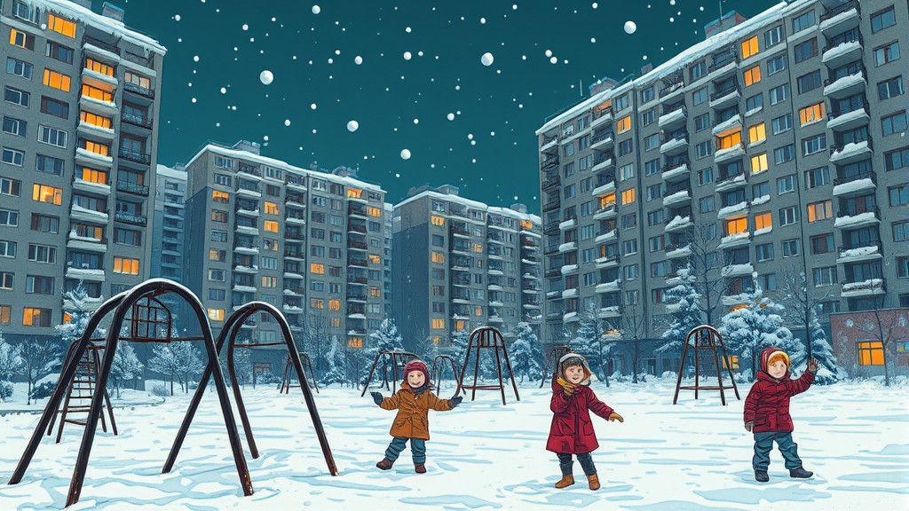 Winter Night in Soviet Cityscape: Graphic Novel Art