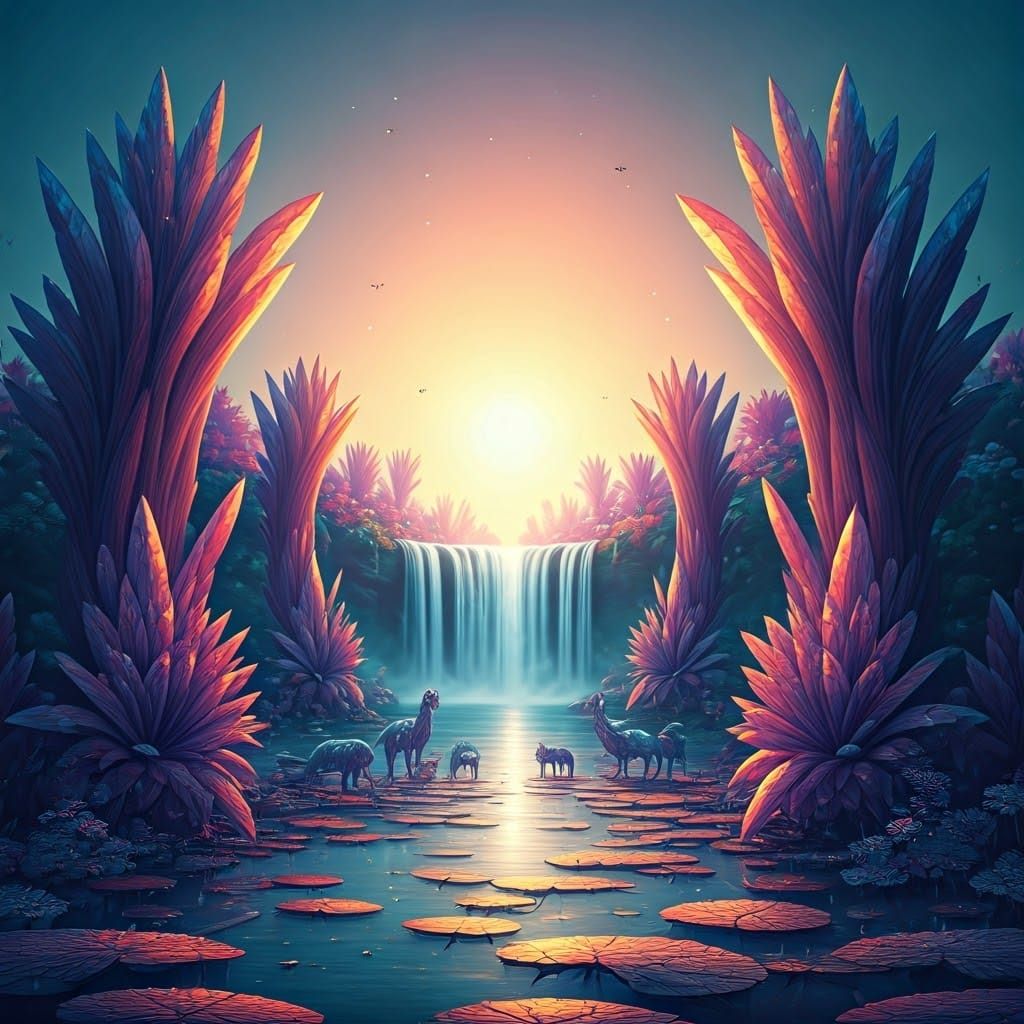 Iridescent Alien Landscape with Crystalline Flora